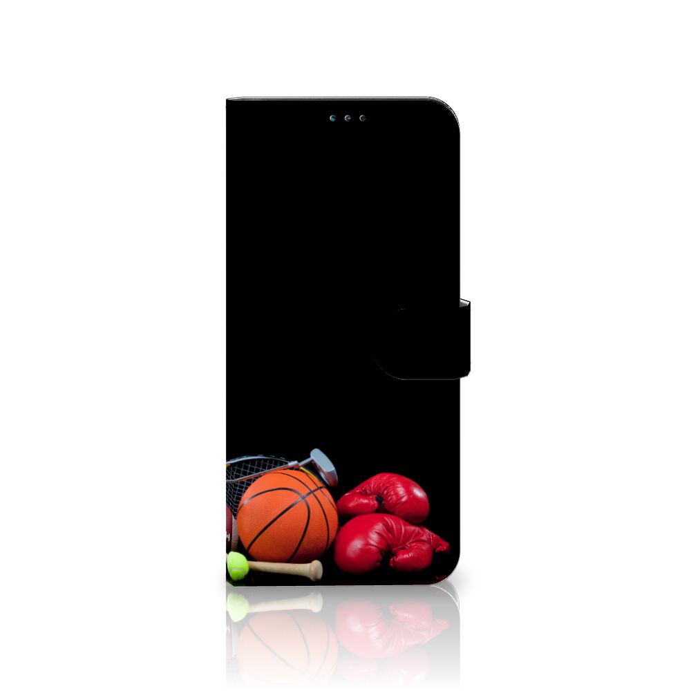 Nokia G50 Wallet Case met Pasjes Sports met sportuitrusting zoals basketballen en bokshandschoenen.