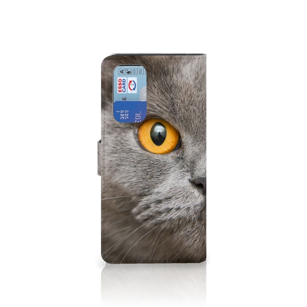 Telefoonhoesje met Pasjes OnePlus 9 Pro Britse Korthaar met grijze kat en gele ogen
