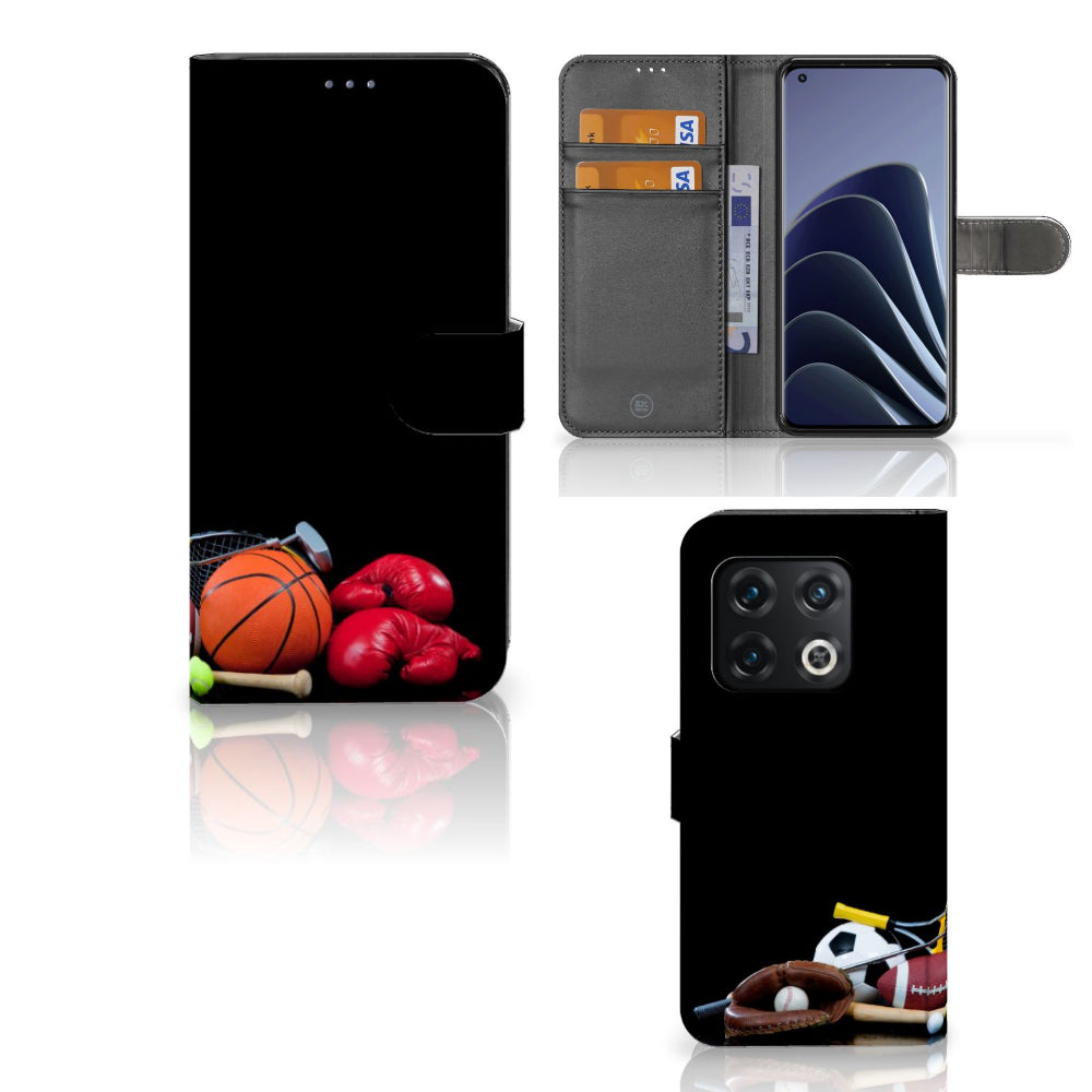 OnePlus 10 Pro Wallet Case met Pasjes Sports met sportafbeeldingen, waaronder basketballen en bokshandschoenen.