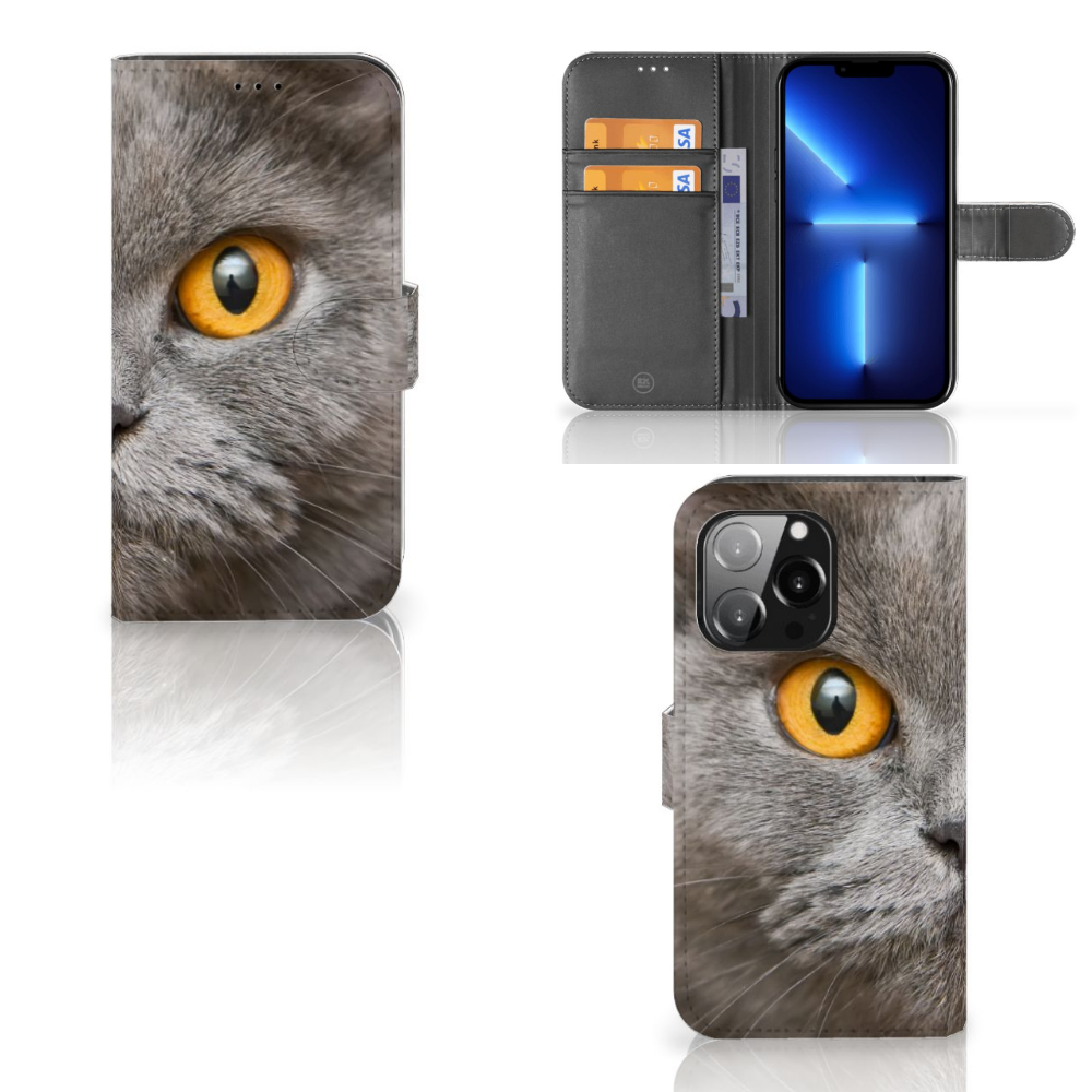 Telefoonhoesje met Pasjes iPhone 13 Pro Britse Korthaar met kat gezicht en vakjes voor pasjes.
