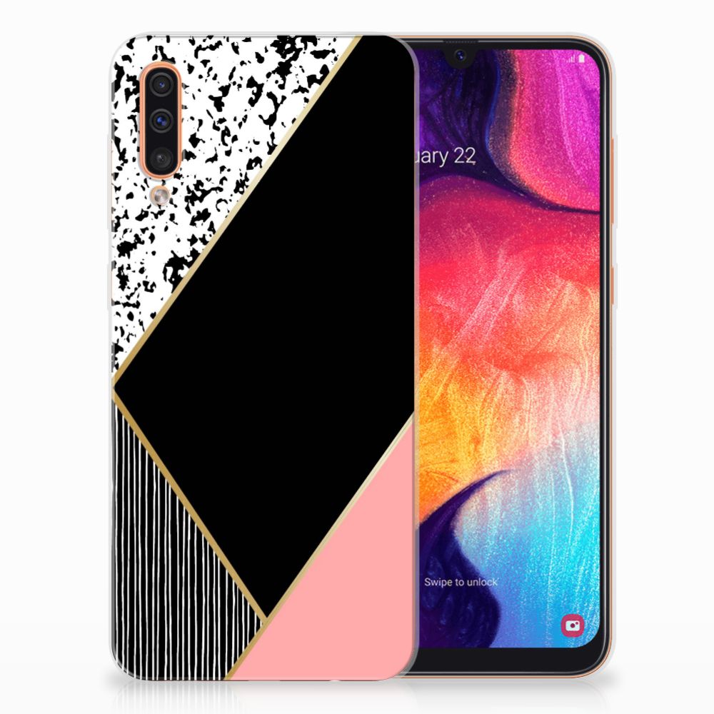 Samsung Galaxy A50 TPU Hoesje Zwart Roze Vormen