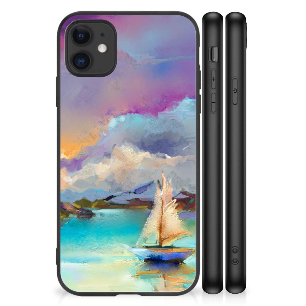 Kleurrijke Telefoonhoesje iPhone 11 Boat met watercoloring design en zwart rubberen randen.