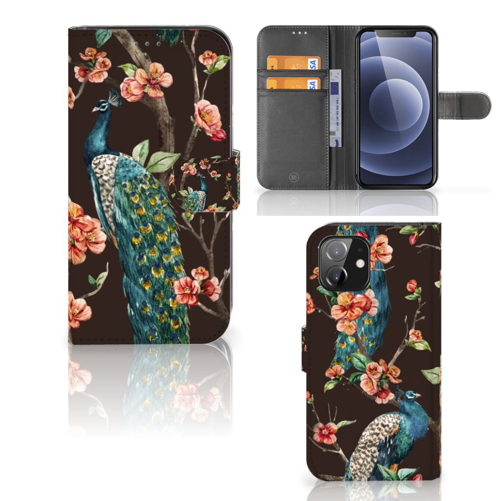 iPhone 12 | 12 Pro (6.1") Telefoonhoesje met Pasjes Pauw met Bloemen