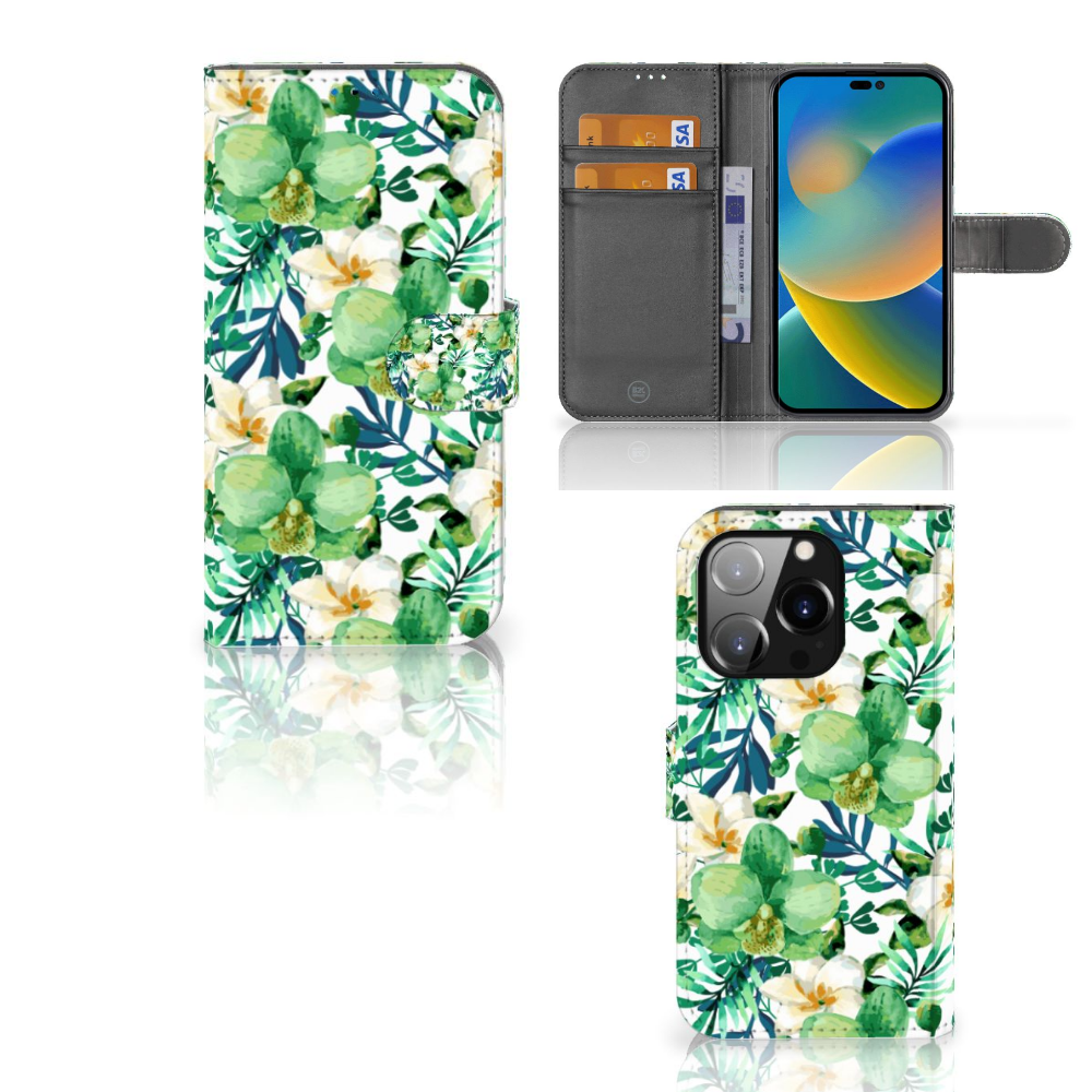 iPhone 14 Pro Hoesje Orchidee Groen met tropisch ontwerp en ruimte voor drie pasjes 🌴