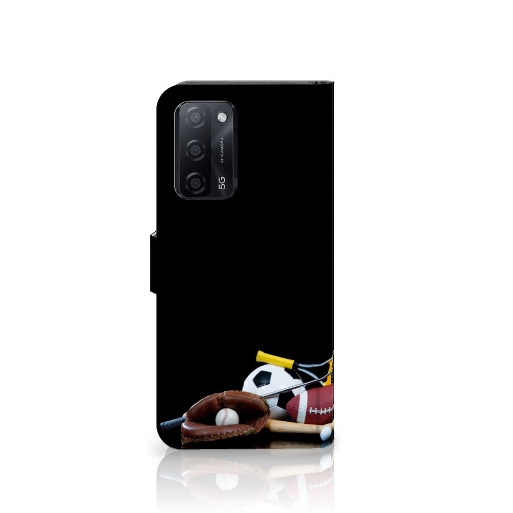 OPPO A16/A16s/A54s Wallet Case met Pasjes Sports met sportballen en een zwart design.