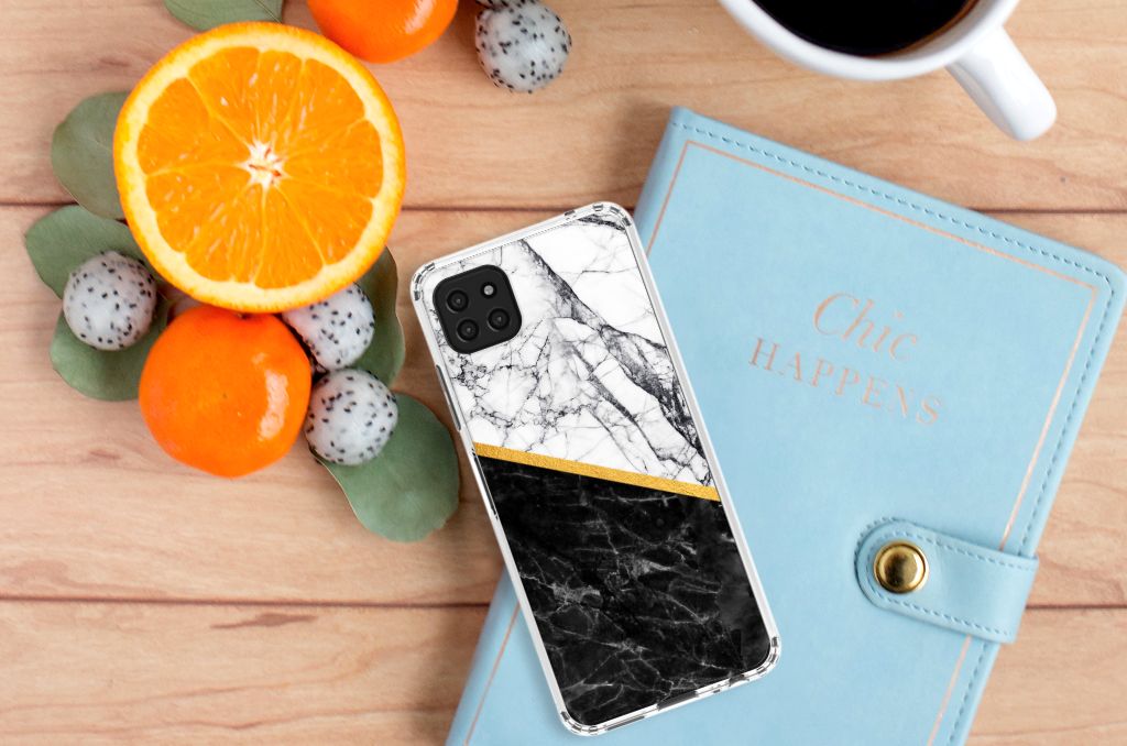 Samsung Galaxy A22 5G Anti-Shock Hoesje Marmer Wit Zwart - Origineel Cadeau Man B2C Telecom