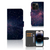iPhone 15 Pro Book Case Stars met een kunstzinnig design van paarse en blauwe sterren op een zwarte achtergrond 🌌