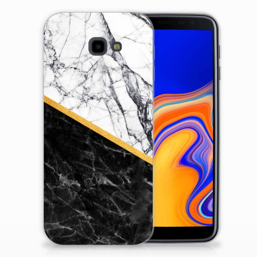 Samsung Galaxy J4 Plus (2018) TPU Siliconen Hoesje Marmer Wit Zwart - Origineel Cadeau Man