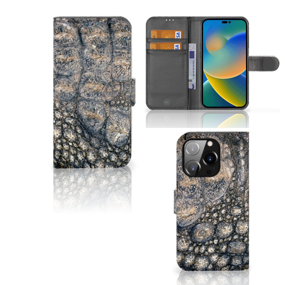iPhone 14 Pro Telefoonhoesje met Pasjes Krokodillenprint in stoere krokodillenstijl