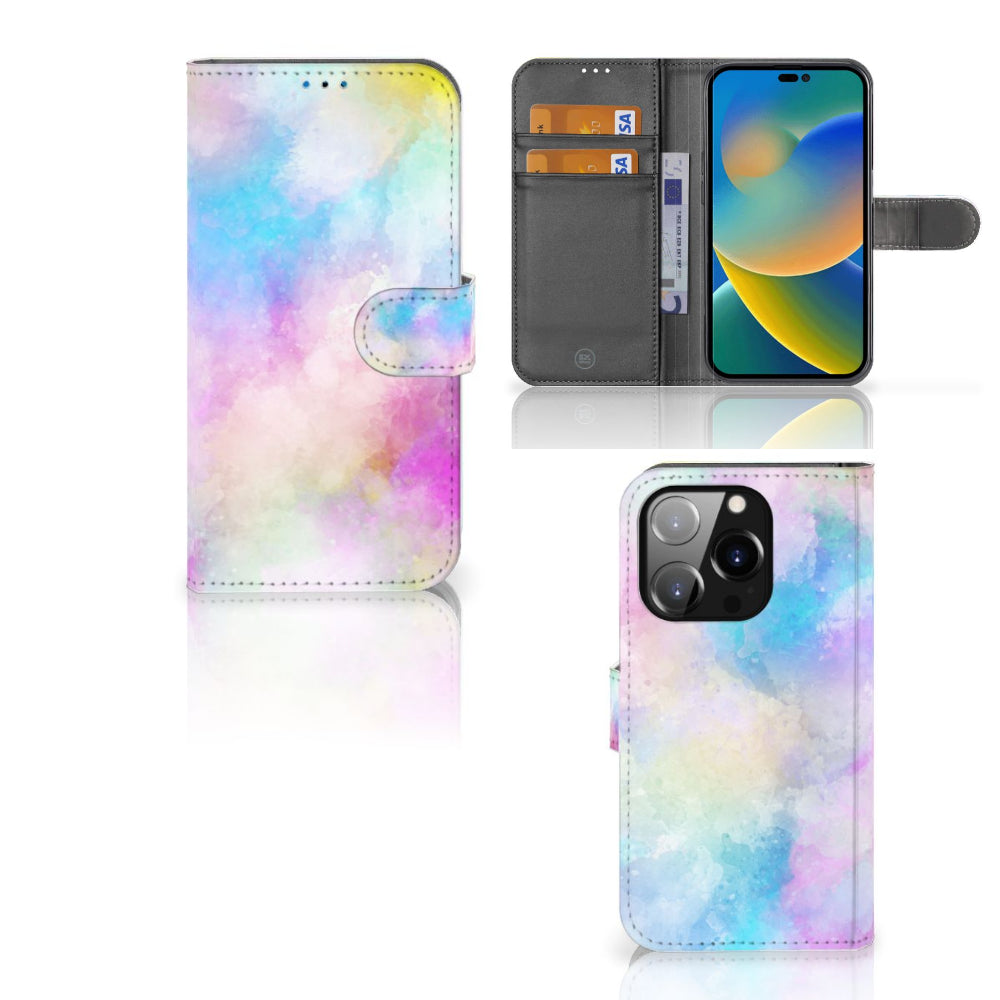Hoesje iPhone 14 Pro Watercolor Light in pastelkleuren met pasjeshouder, uniek en kleurrijk ontwerp.