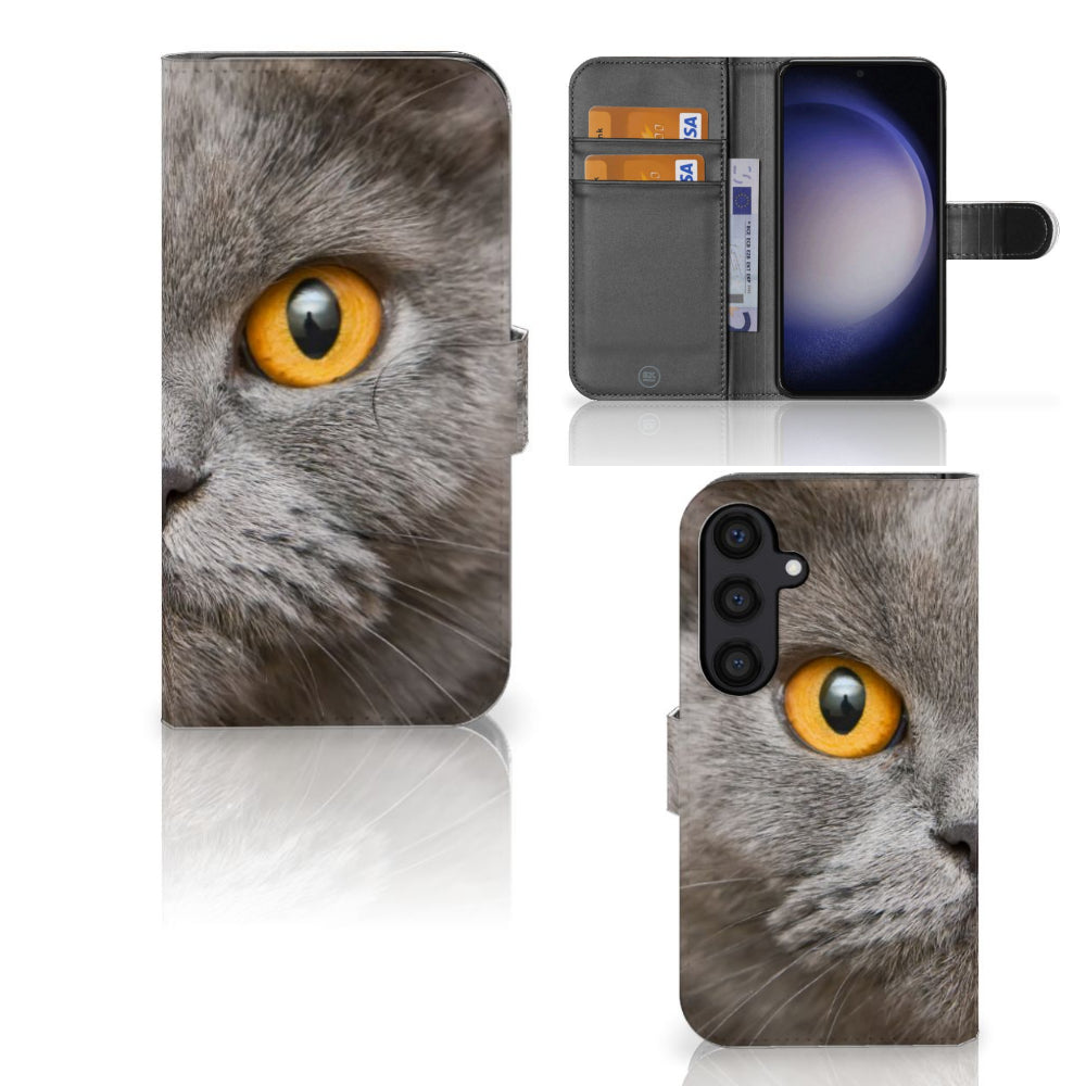 Telefoonhoesje met Pasjes Samsung Galaxy S24 Britse Korthaar met afbeelding van een Britse Korthaar kat