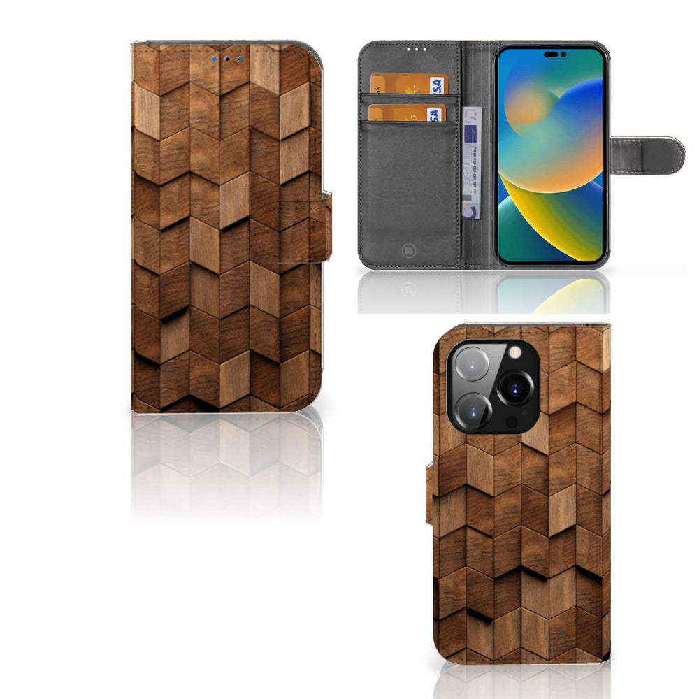 Book Style Case voor iPhone 14 Pro Wooden Cubes