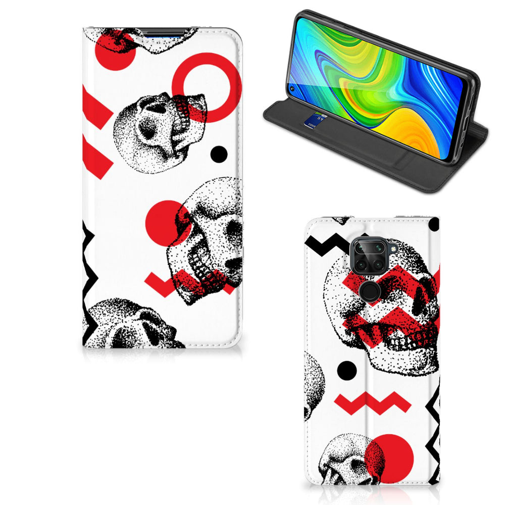 Mobiel BookCase Xiaomi Redmi Note 9 Skull Red