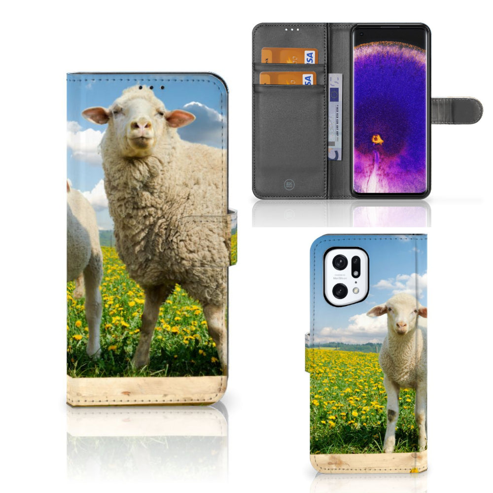 OPPO Find X5 Pro Telefoonhoesje met Pasjes Schaap en Lammetje