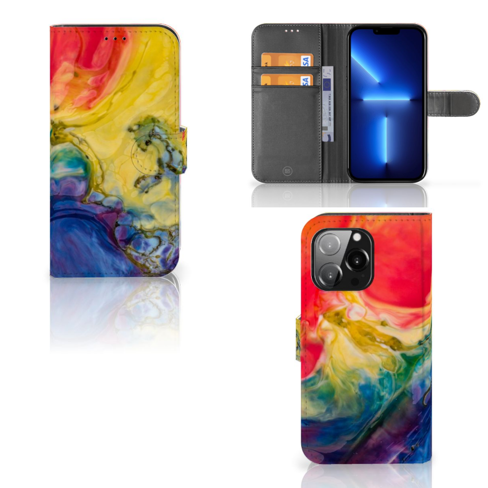 Hoesje iPhone 13 Pro Watercolor Dark met kleurrijk design en vakjes voor pasjes 🎨