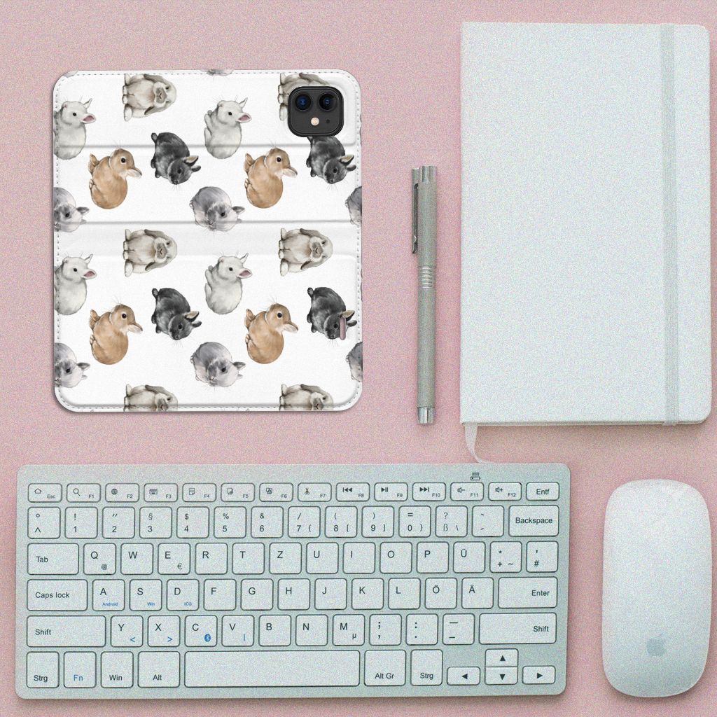 Hoesje maken voor Apple iPhone 11 Konijntjes met schattige konijnen op een pastelroze achtergrond.
