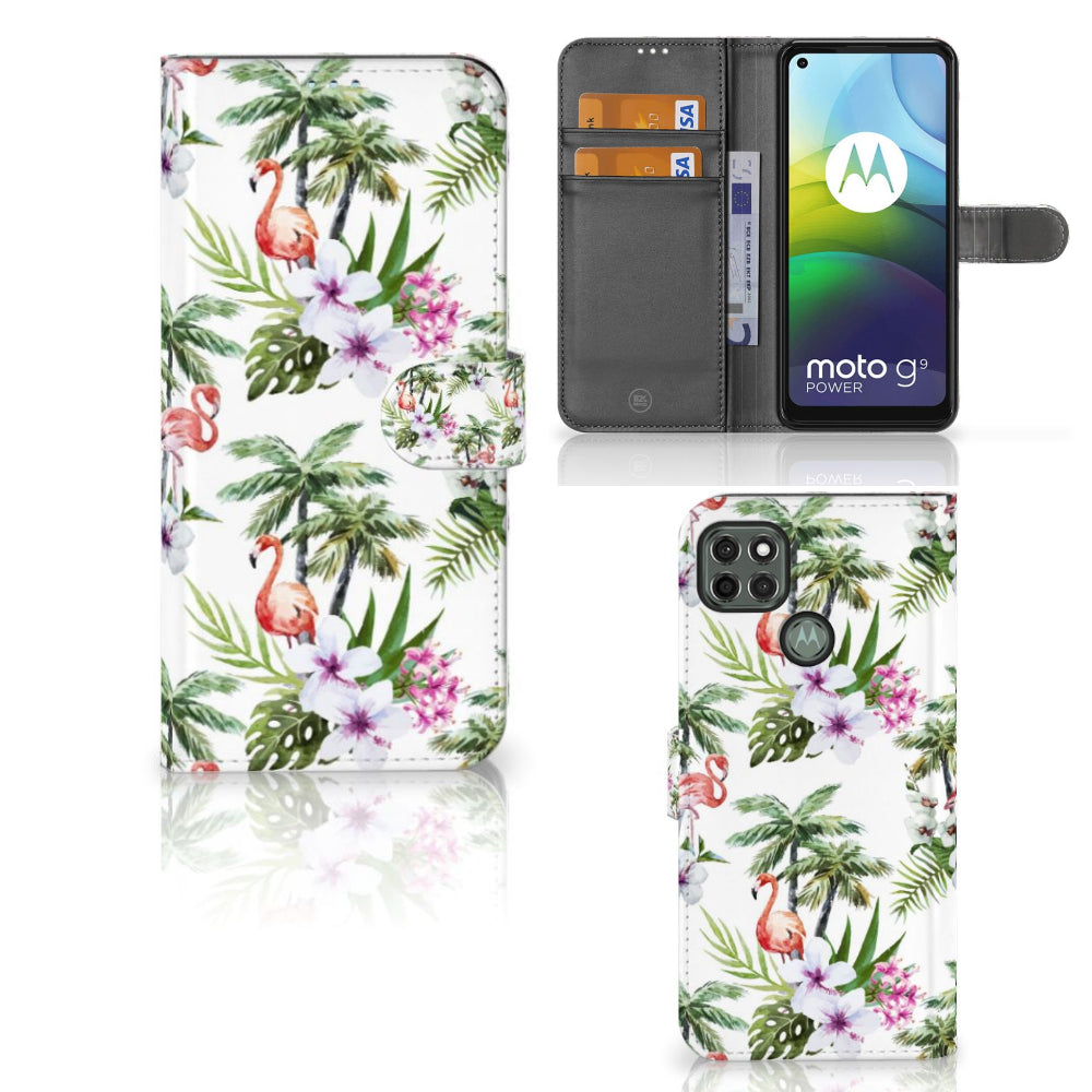 Motorola Moto G9 Power Telefoonhoesje met Pasjes Flamingo Palms