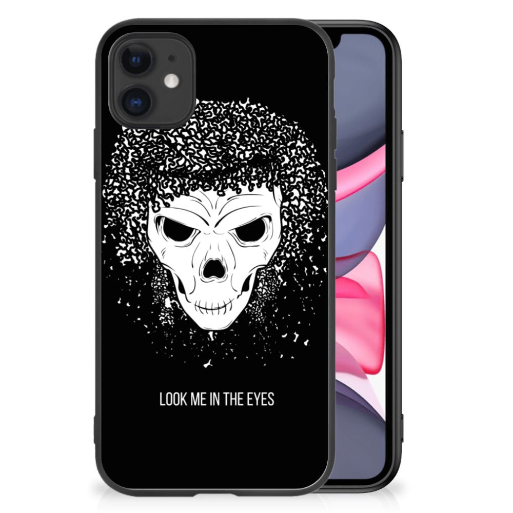 Telefoonhoesje iPhone 11 Skull Hair met skull design en afro haar op zwarte achtergrond.