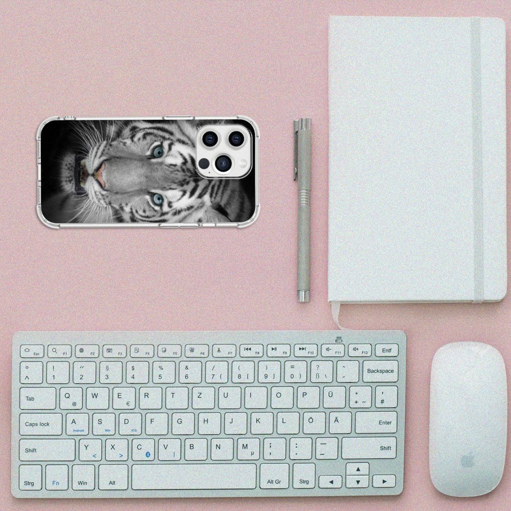 iPhone 13 Pro Max Case Anti-shock Tijger met tijgerontwerp, perfect voor actieve gebruikers, op roze achtergrond.