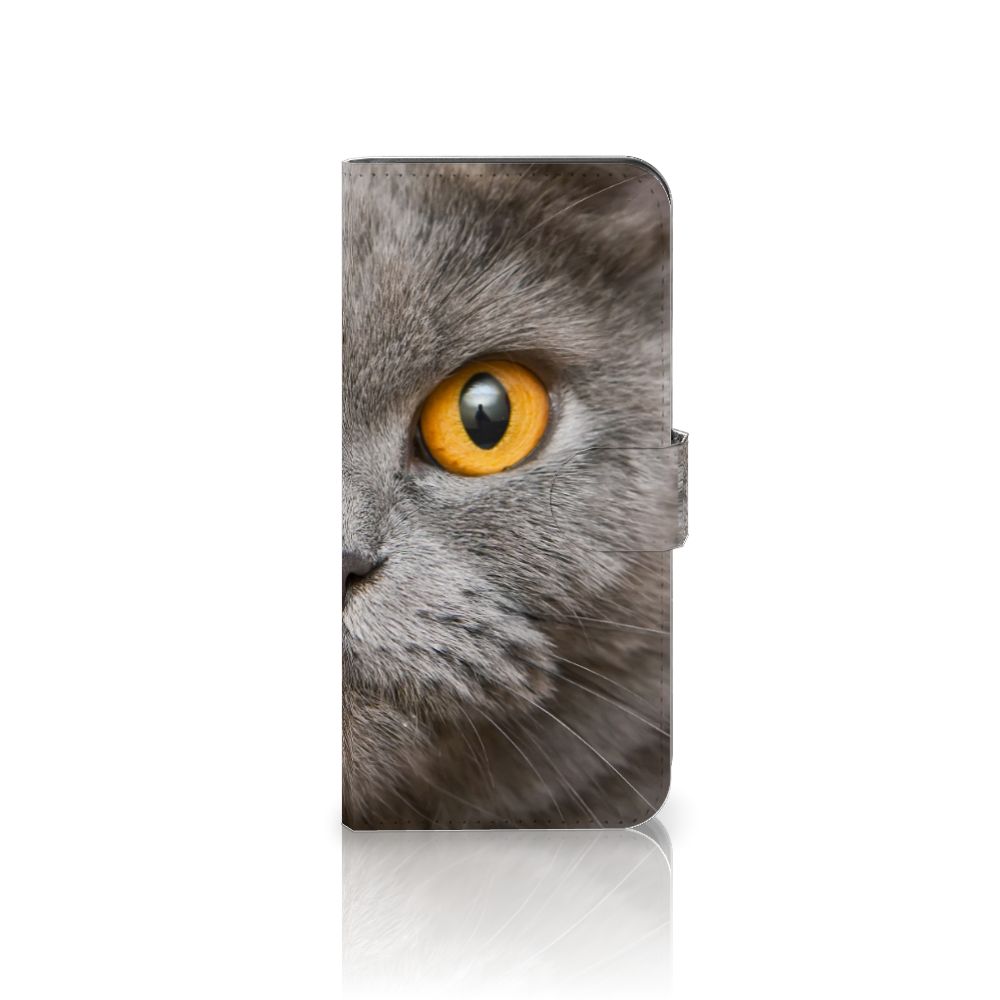 Telefoonhoesje met Pasjes Samsung Galaxy A35 Britse Korthaar met een close-up van de kat.