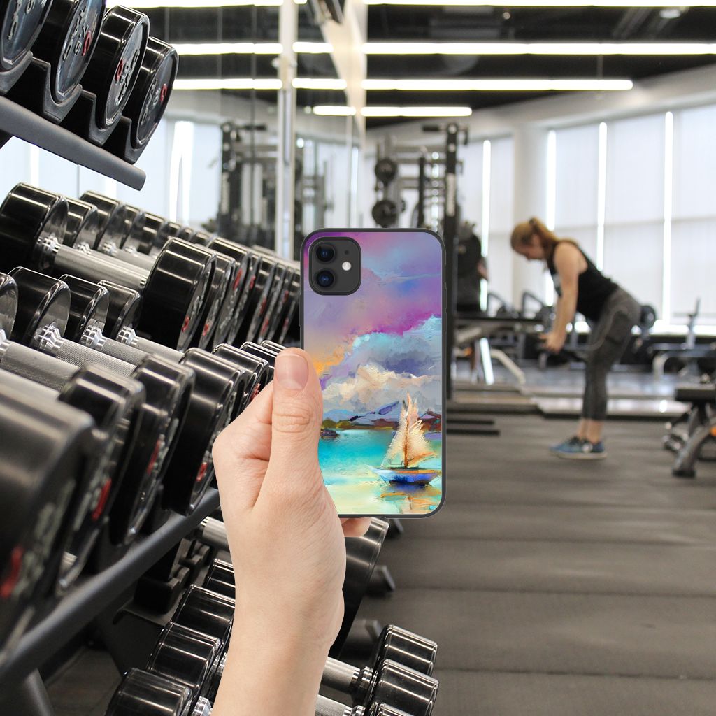 Kleurrijke Telefoonhoesje iPhone 11 Boat met watercoloring design in sportschool omgeving.