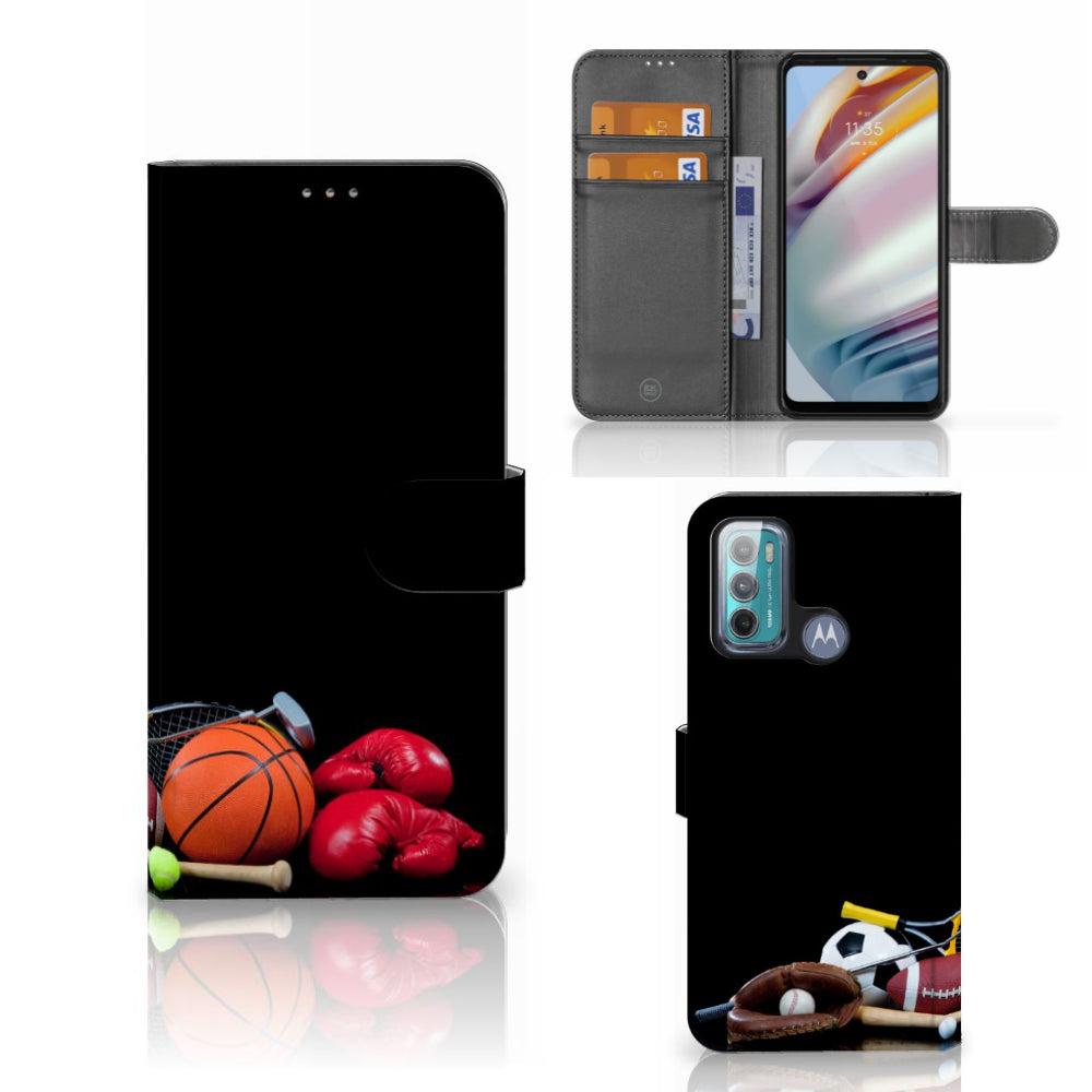 Motorola Moto G60 Wallet Case met Pasjes Sports met sportuitrusting zoals basketbal, bokshandschoenen en voetbalschoenen.