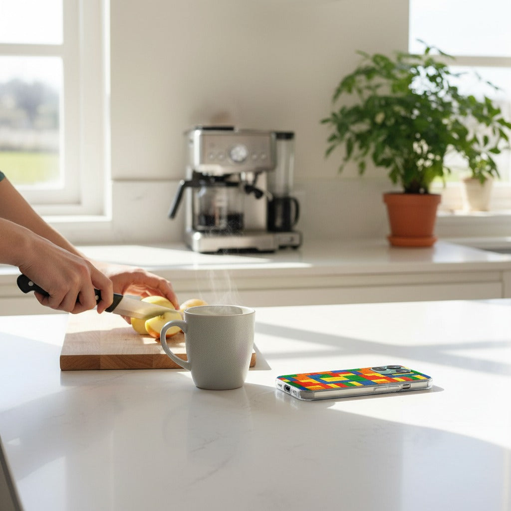 Hoesje Fairphone 6 Blokken – Softcase TPU Back Cover - lifestyle foto in huiselijke setting