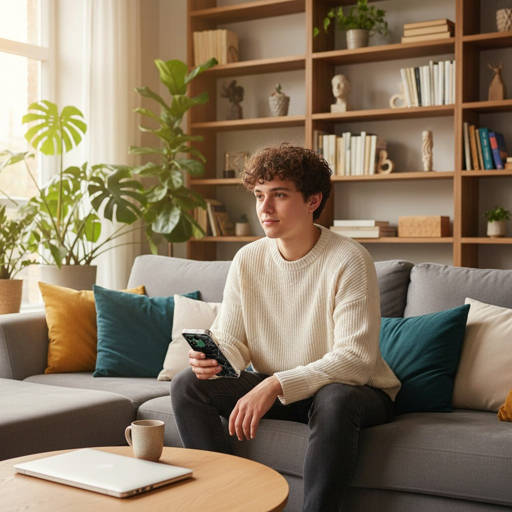 Marmer Zwart Fairphone 6 Hoesje – TPU Softcase - lifestyle foto in huiselijke setting