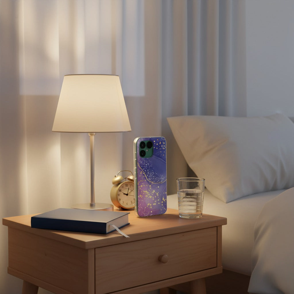 Fairphone 6 Hoesje Watercolor Paars – Softcase TPU Back Cover - lifestyle foto in huiselijke setting