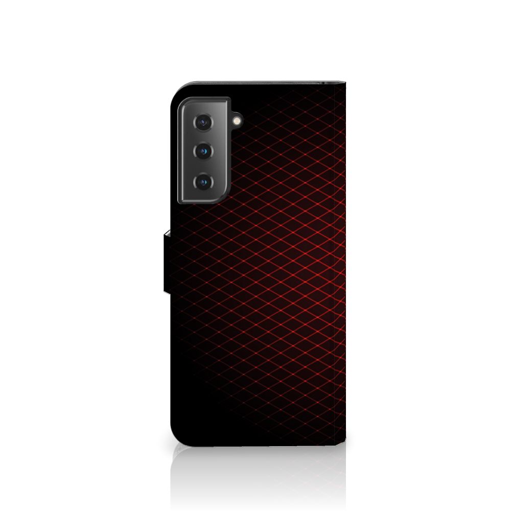 Samsung Galaxy S21 Plus Telefoon Hoesje Geruit Rood met diagonale rozenlijn op zwart achtergrond.