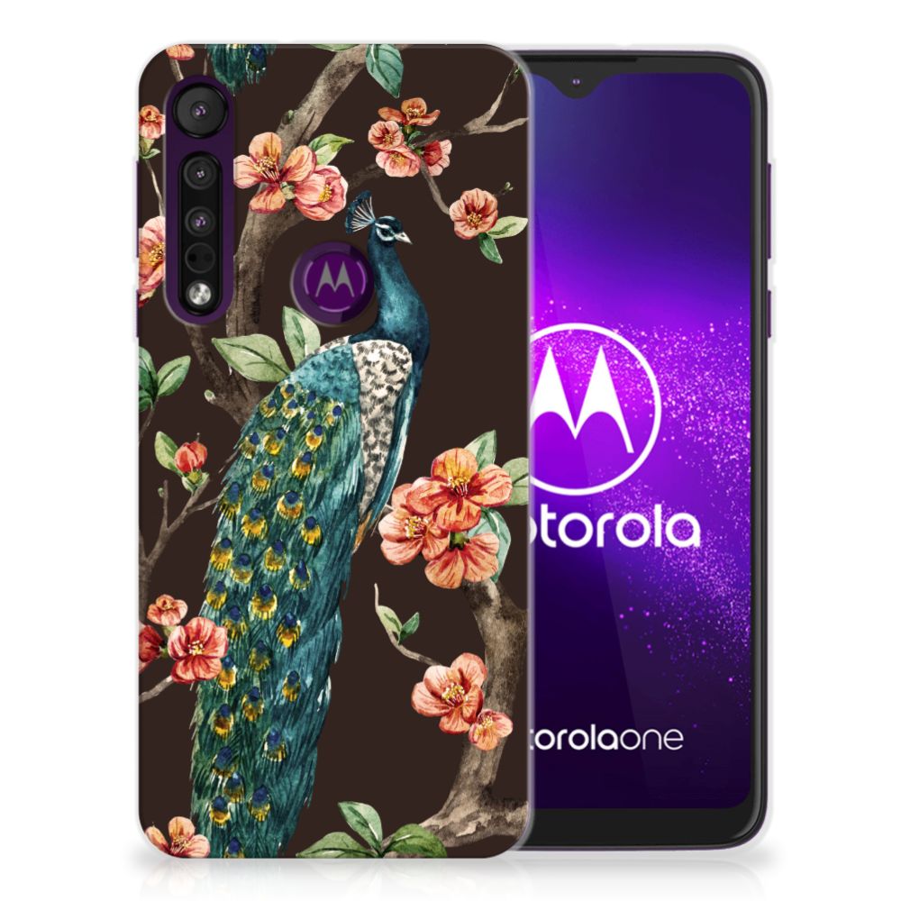 Motorola One Macro TPU Hoesje Pauw met Bloemen