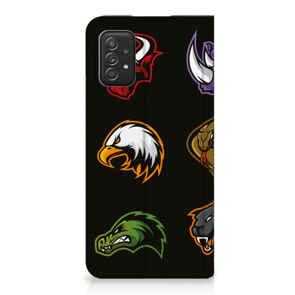 Samsung Galaxy A03s Magnet Case Cartoon with colorful animal head designs on a black background.