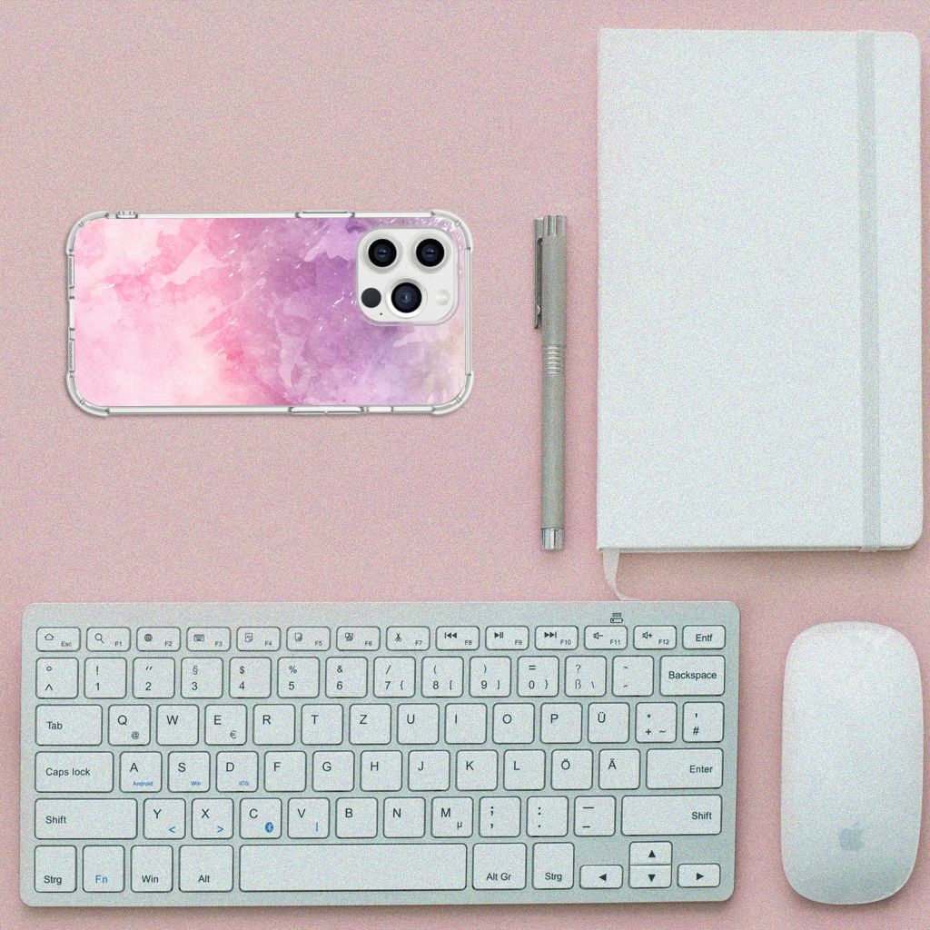 Back Cover iPhone 13 Pro Max Pink Purple Paint on a desk with a keyboard and notebook.