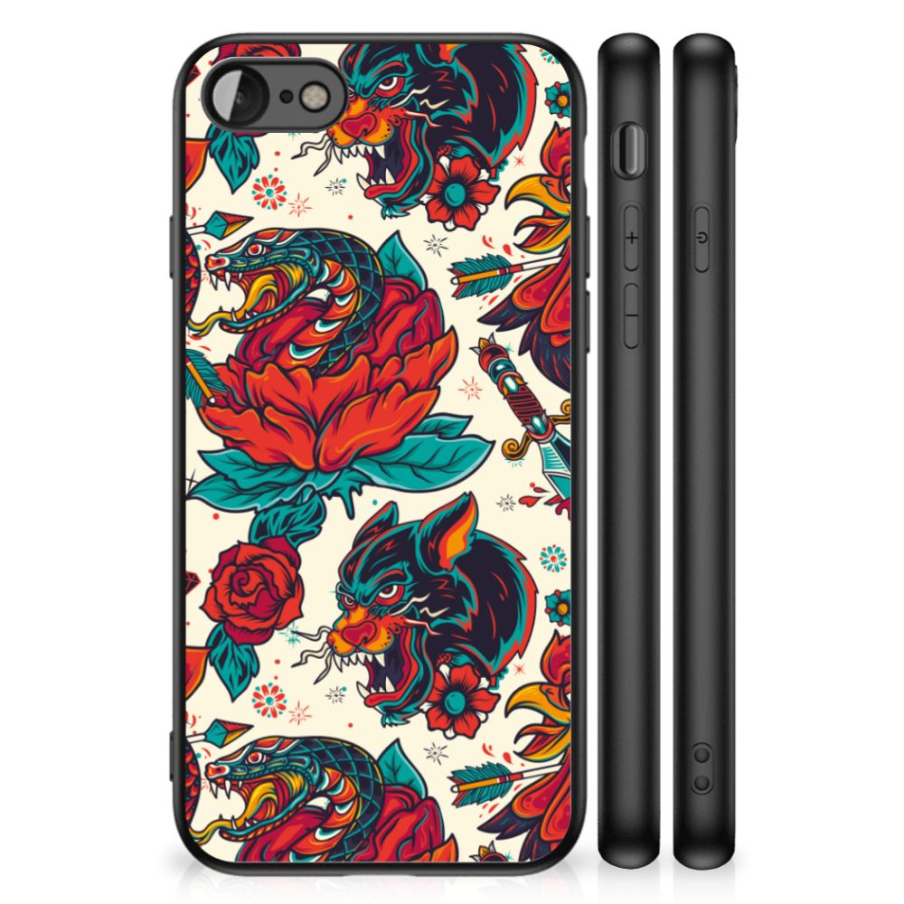 Silicone Back Case voor iPhone SE 2022 | SE 2020 | 7/8 Old Skool met vintage tattoo design en kleurrijke afbeeldingen.