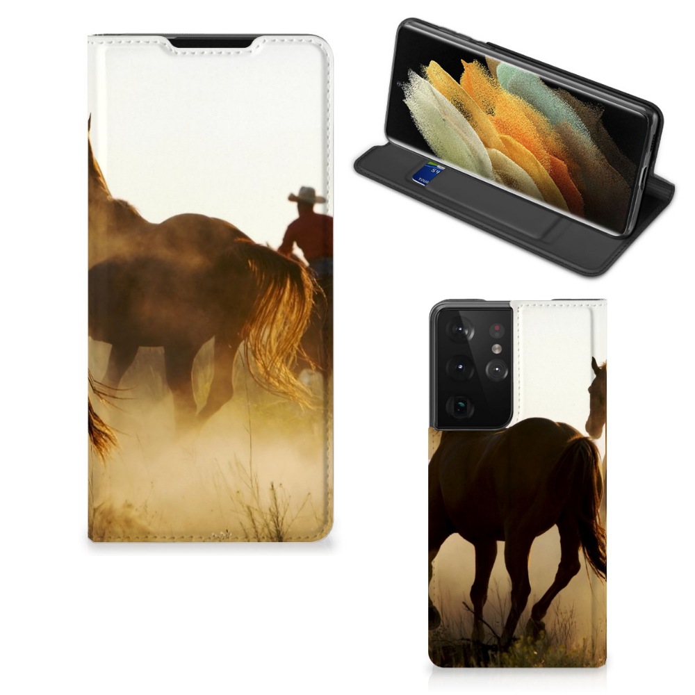 Samsung Galaxy S21 Ultra Hoesje maken Design Cowboy met paardenprint en cowboy in de achtergrond.