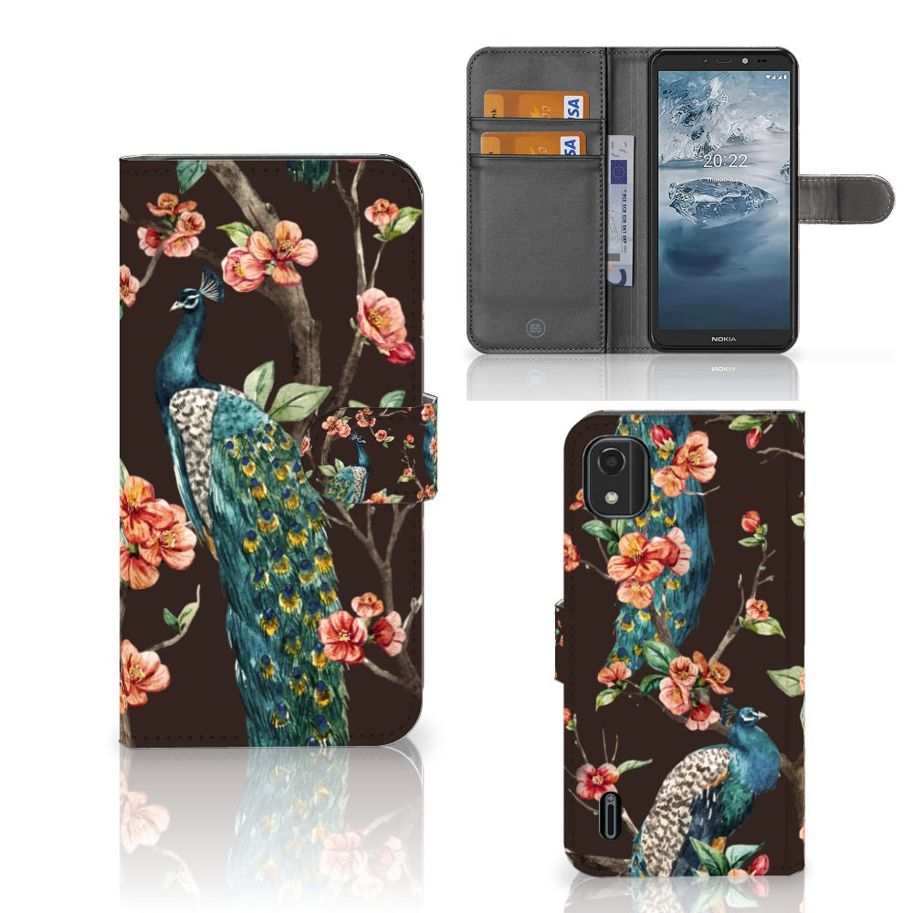 Nokia C2 2nd Edition Telefoonhoesje met Pasjes Pauw met Bloemen