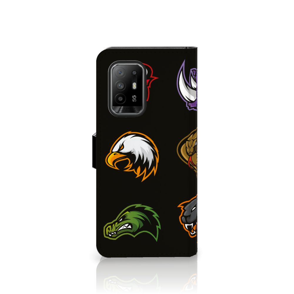 OPPO Reno5 Z | A94 5G Leuk Hoesje Cartoon met verschillende cartoon logo's op een zwarte achtergrond.