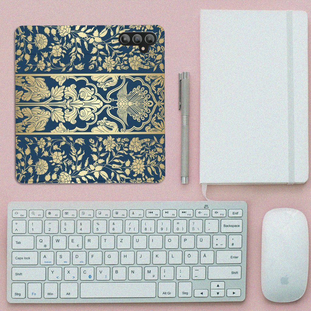 Samsung Galaxy A14 4G Smart Cover Beige Flowers on desk with keyboard and notebook.