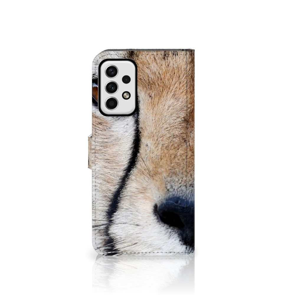 Samsung Galaxy A23 Telefoonhoesje met Pasjes Cheetah, close-up van cheeta, ruimte voor 3 pasjes.