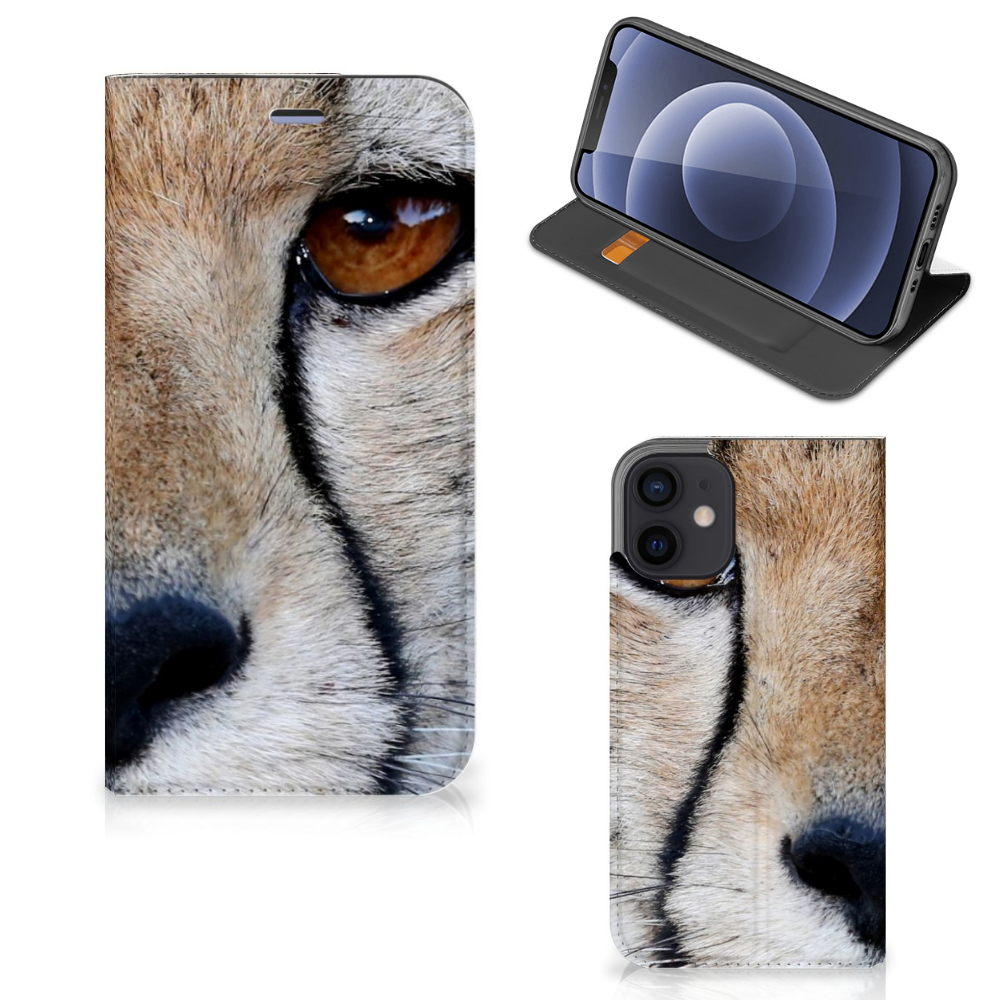 iPhone 12 Mini Hoesje maken Cheetah met close-up van jachtluipaard oog en print op stand case.