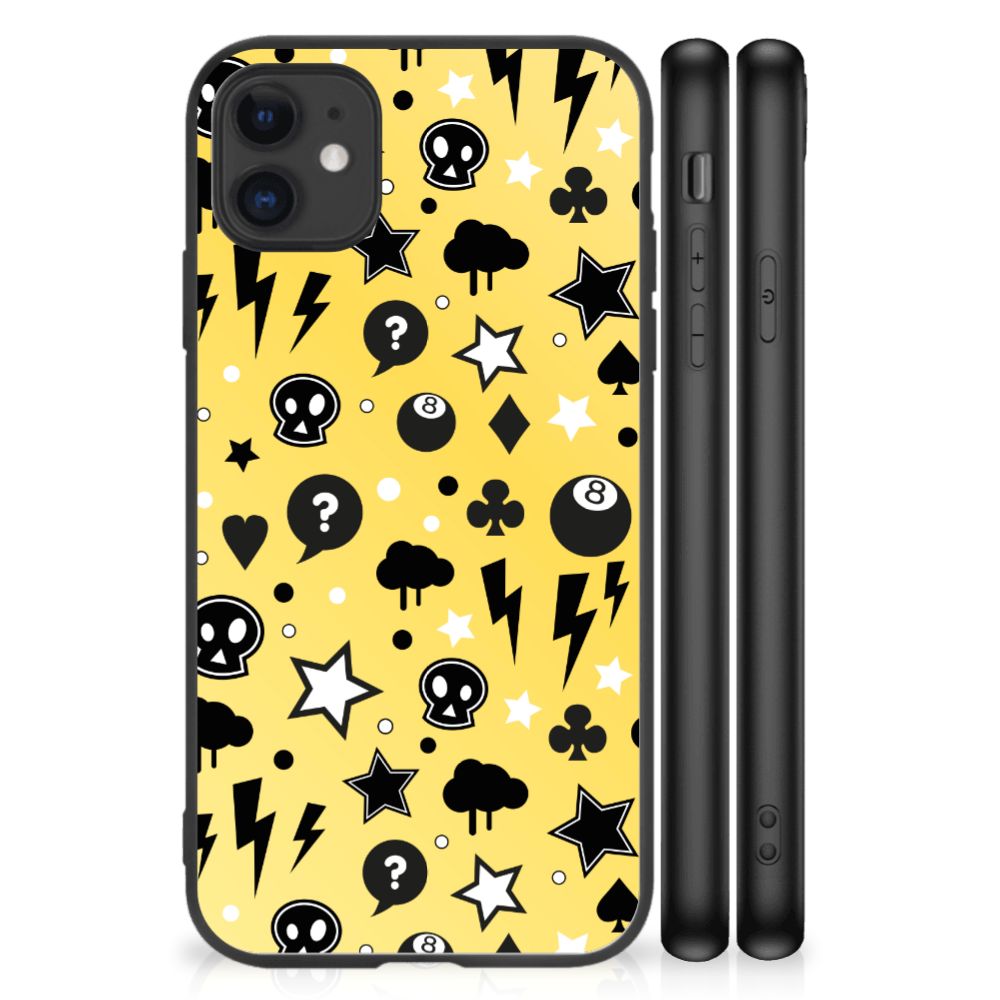 Telefoonhoesje iPhone 11 Punk Geel met skulls en sterren print, schokabsorberend en krastvast.