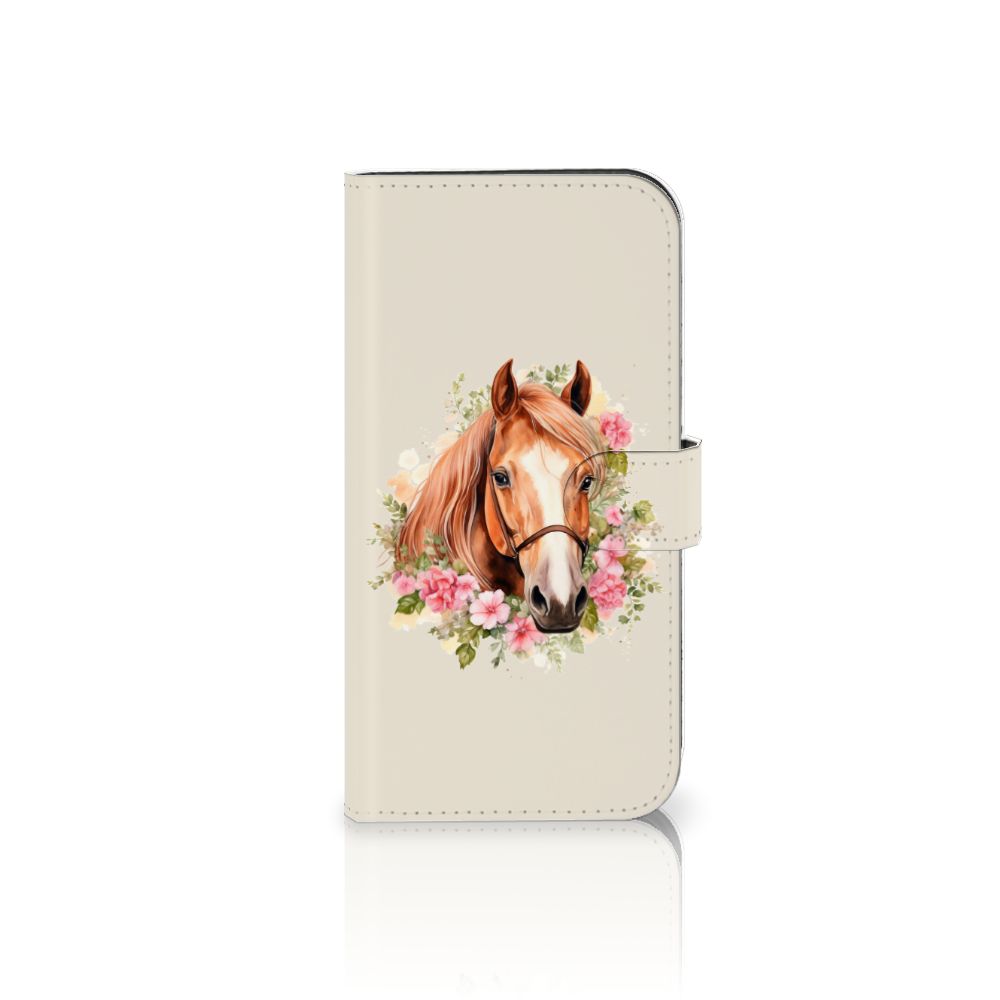 Telefoonhoesje met Pasjes voor iPhone 15 Pro Max Paard met bloemen en een paardenhoofd.