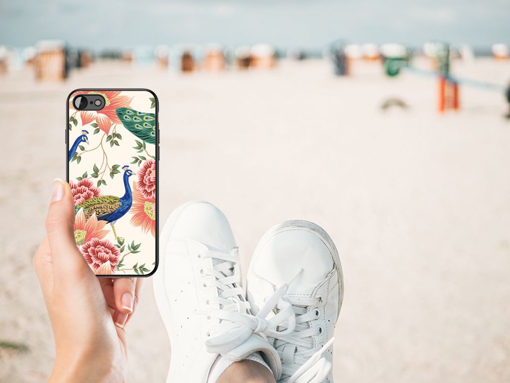 Dierenprint Telefoonhoesje voor iPhone SE 2022 | SE 2020 | 7/8 Pink Peacock met pauwen op een strand.