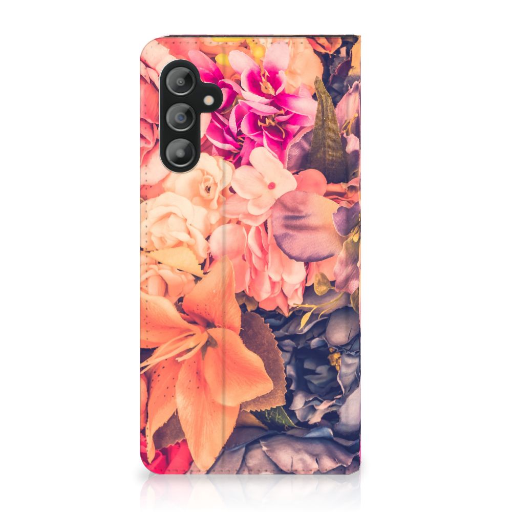 Samsung Galaxy A14 4G Smart Cover Bosje Bloemen met kleurrijke oranje, paarse en roze bloemen.
