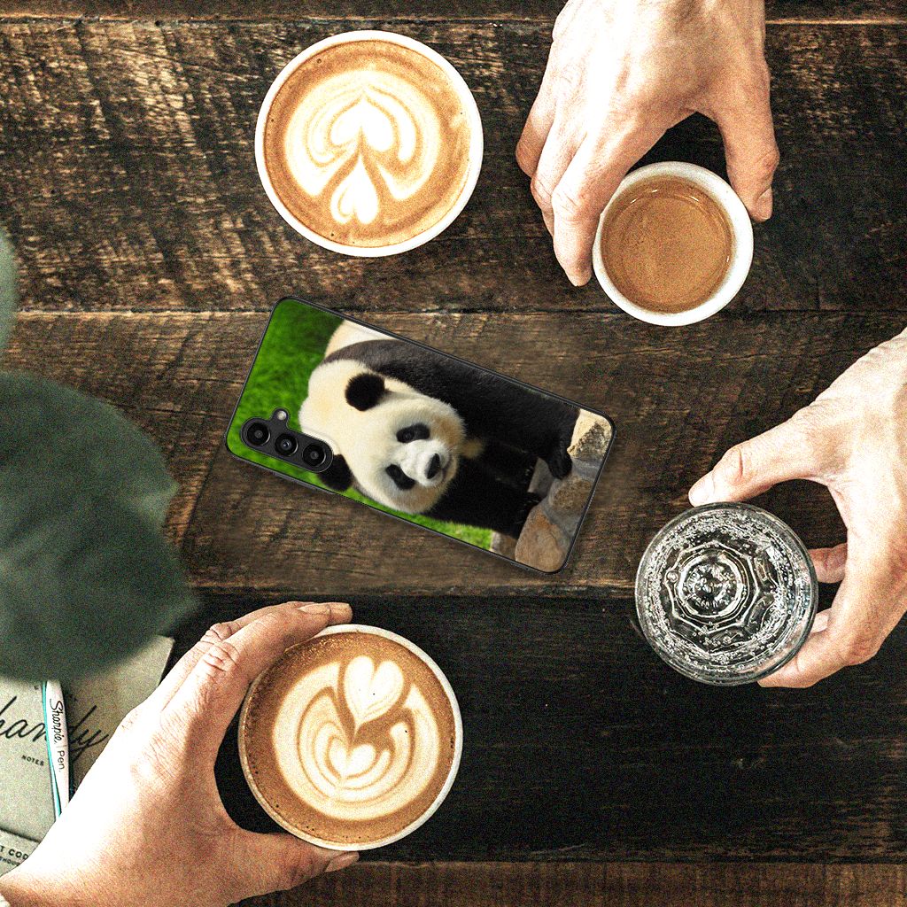 Samsung Galaxy A14 5G Dierenprint Telefoonhoesje Panda met koffie in een cafe