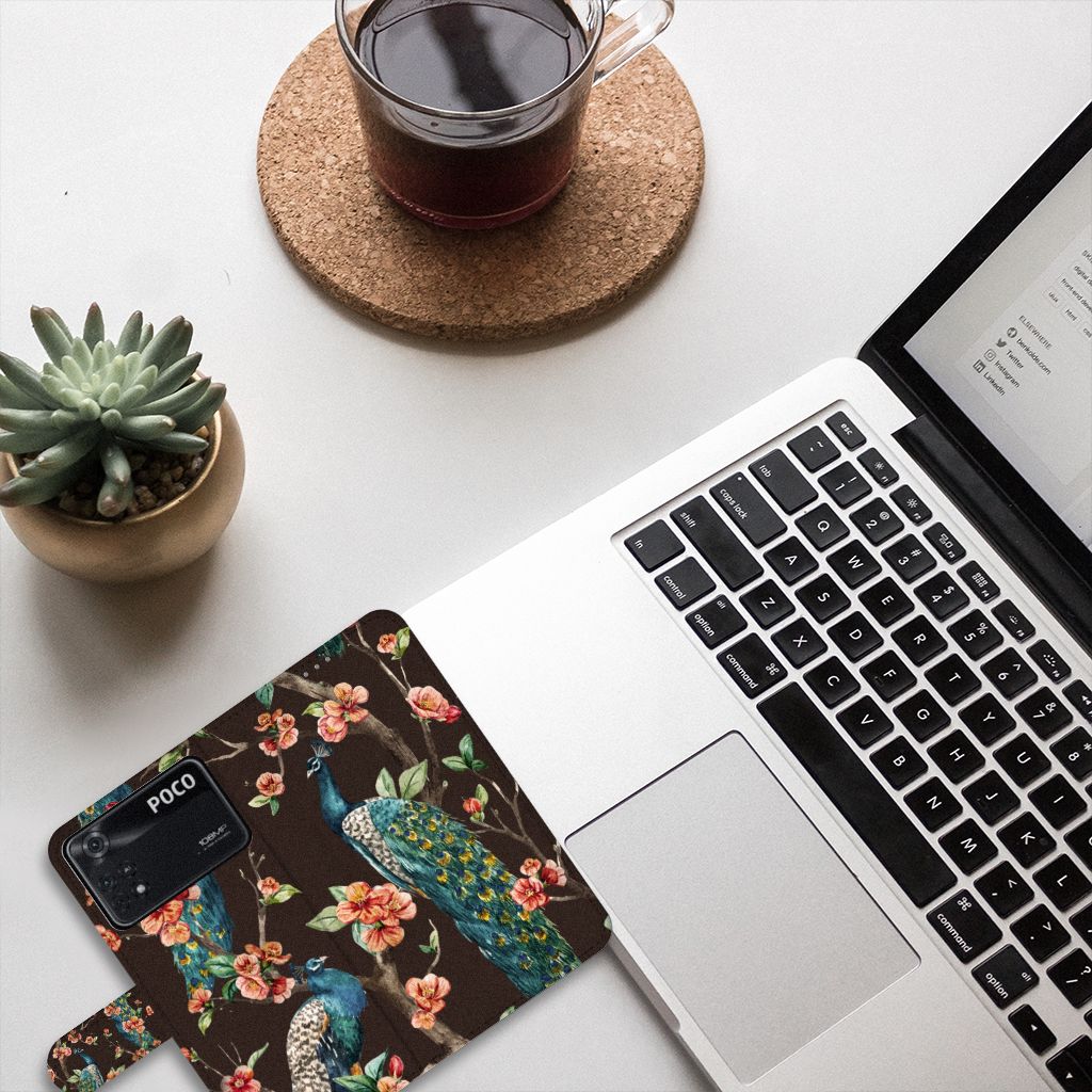 Xiaomi Poco X4 Pro 5G Telefoonhoesje met Pasjes Pauw met Bloemen
