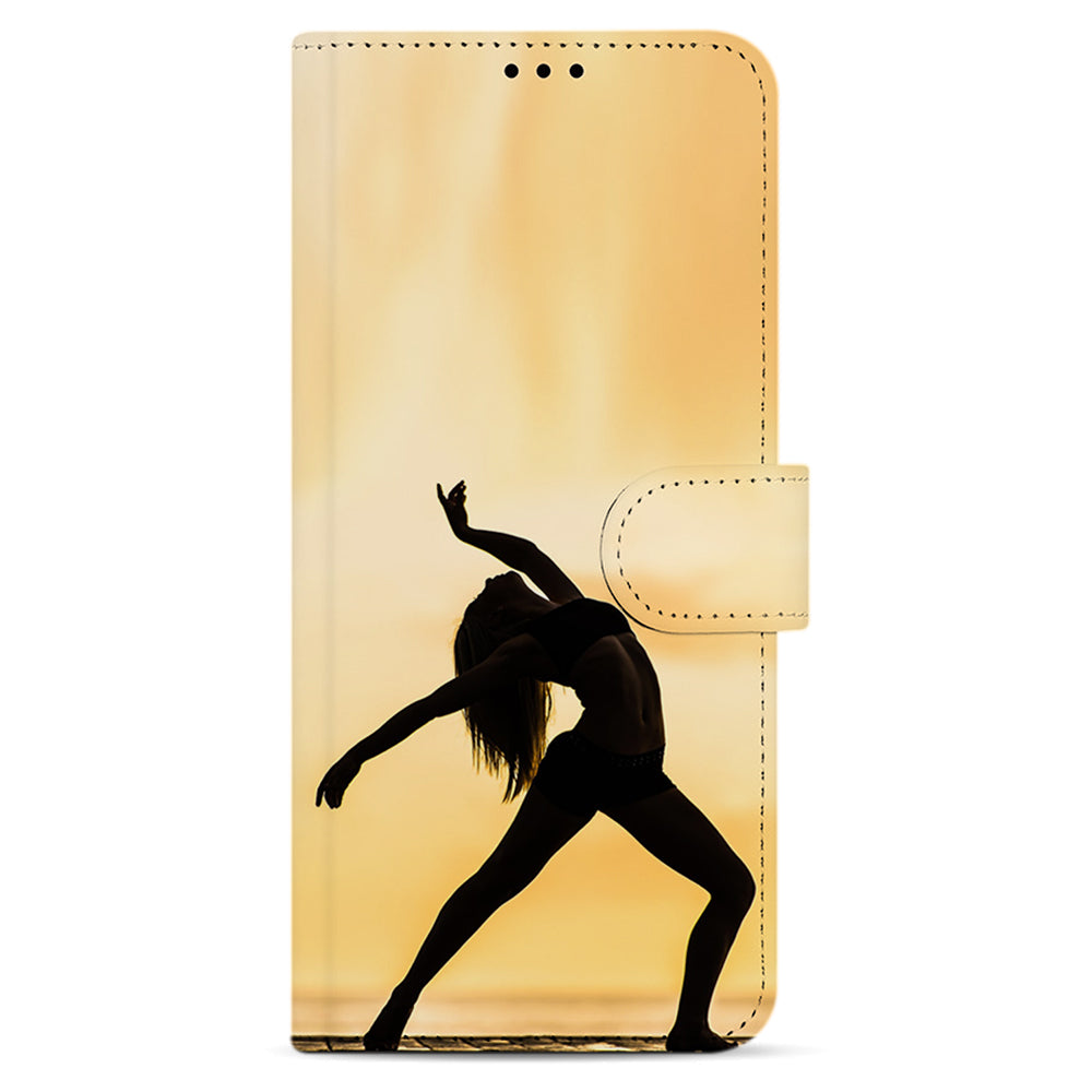 Voorkant van de gesloten Galaxy A32 5G bookcase met het silhouet van een danseres die achteroverbuigt