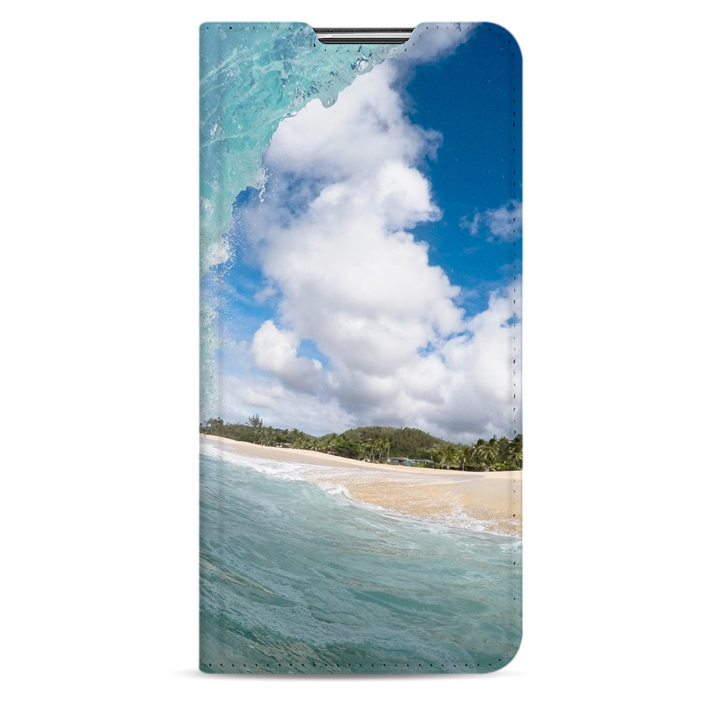 Samsung Galaxy A52 5G standcase dicht van voren, voorbeeld met een golf, palmbomen en wolkenlucht