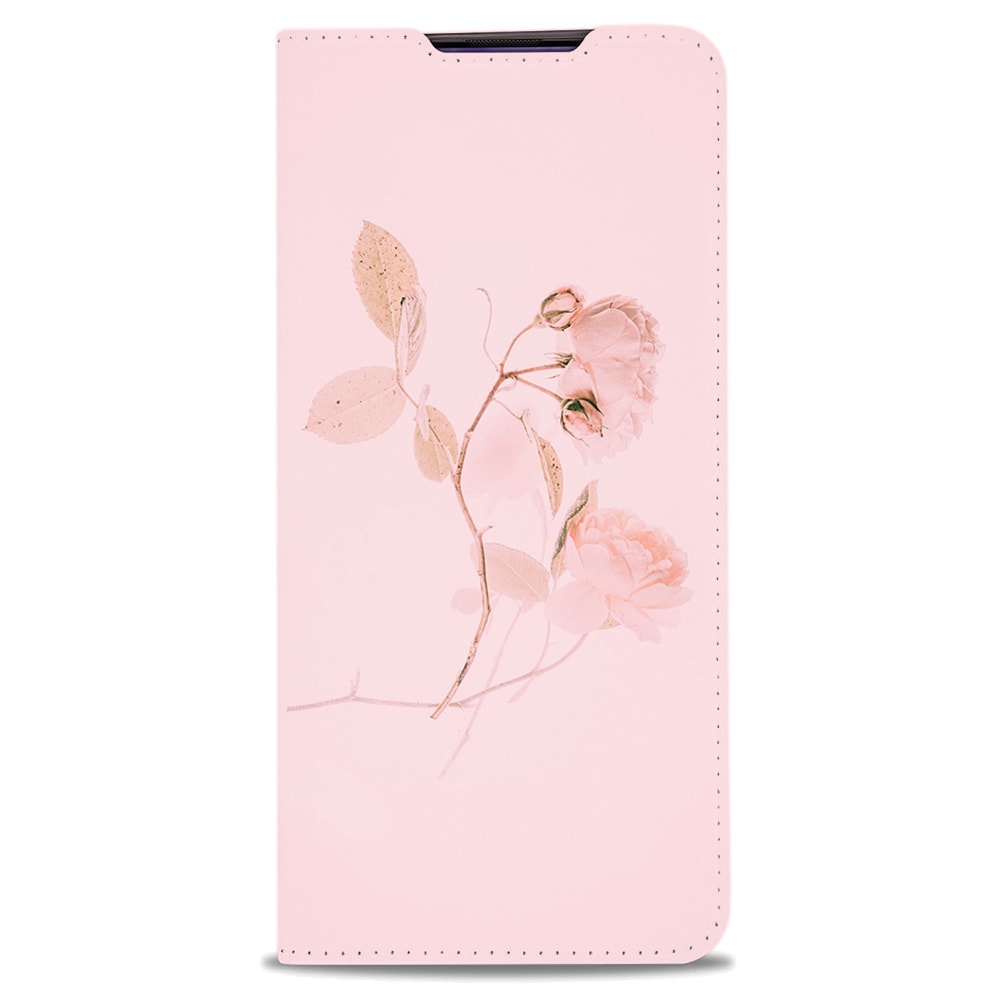 Voorkant dicht met een getekende rozentak in roze en goud op lichtroze, voorbeeld op een Samsung Galaxy S20 standcase