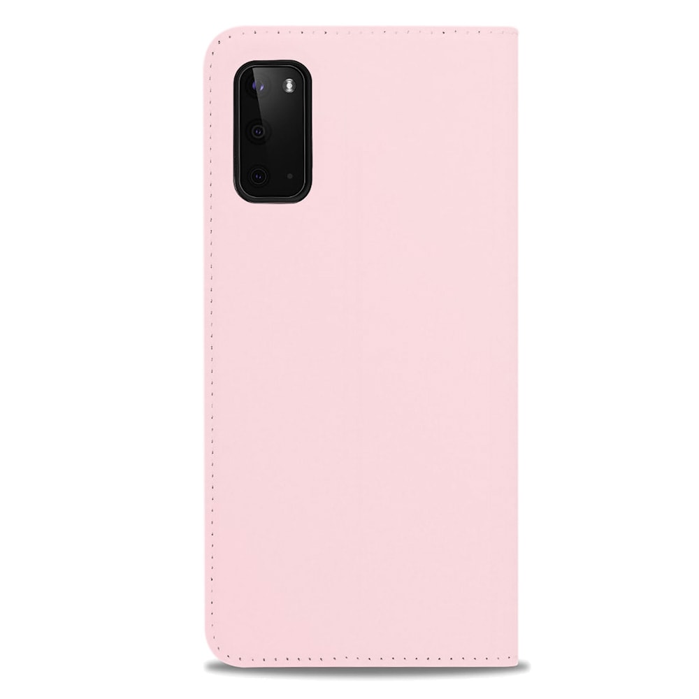 Achterkant met camera-uitsparing linksboven en een effen lichtroze voorbeeldontwerp, Samsung Galaxy S20 standcase
